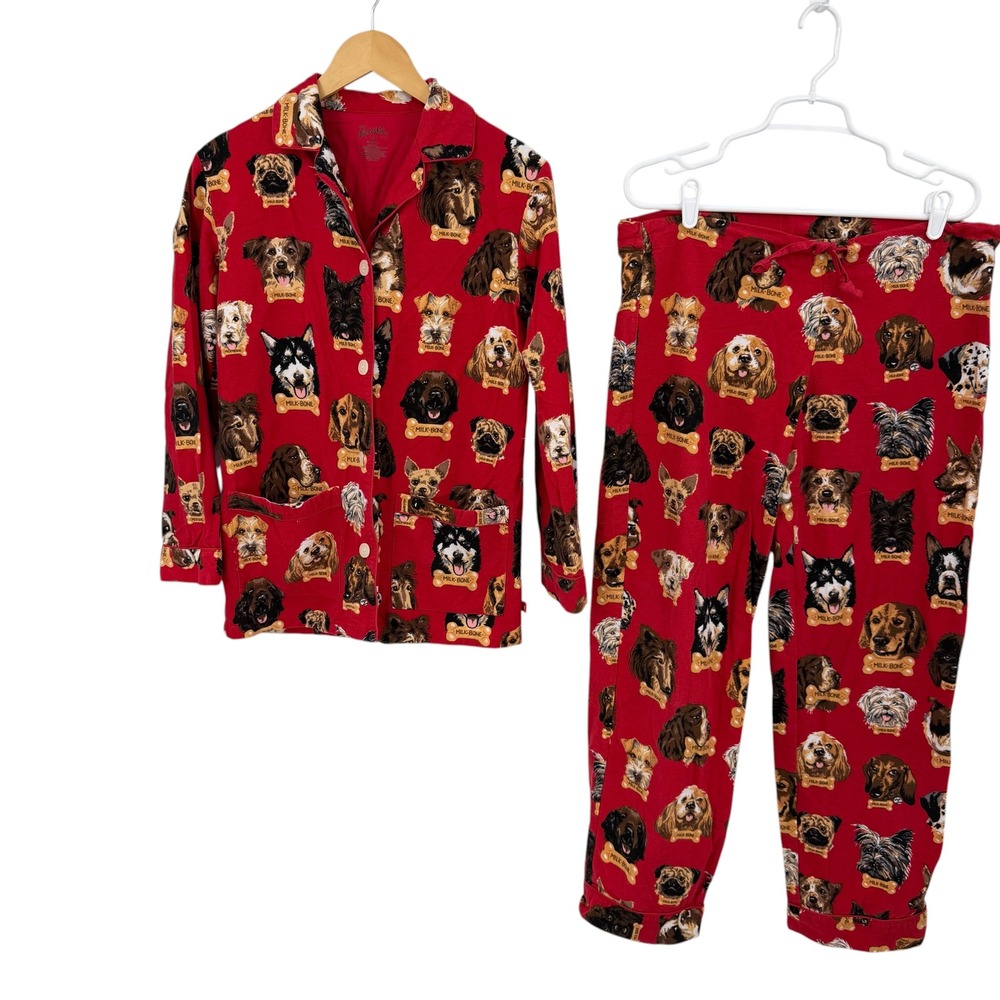 Nick & Nora Pajama Set Women XS Red Milk Bone Dog Print Cotton Sleepwear Lounge